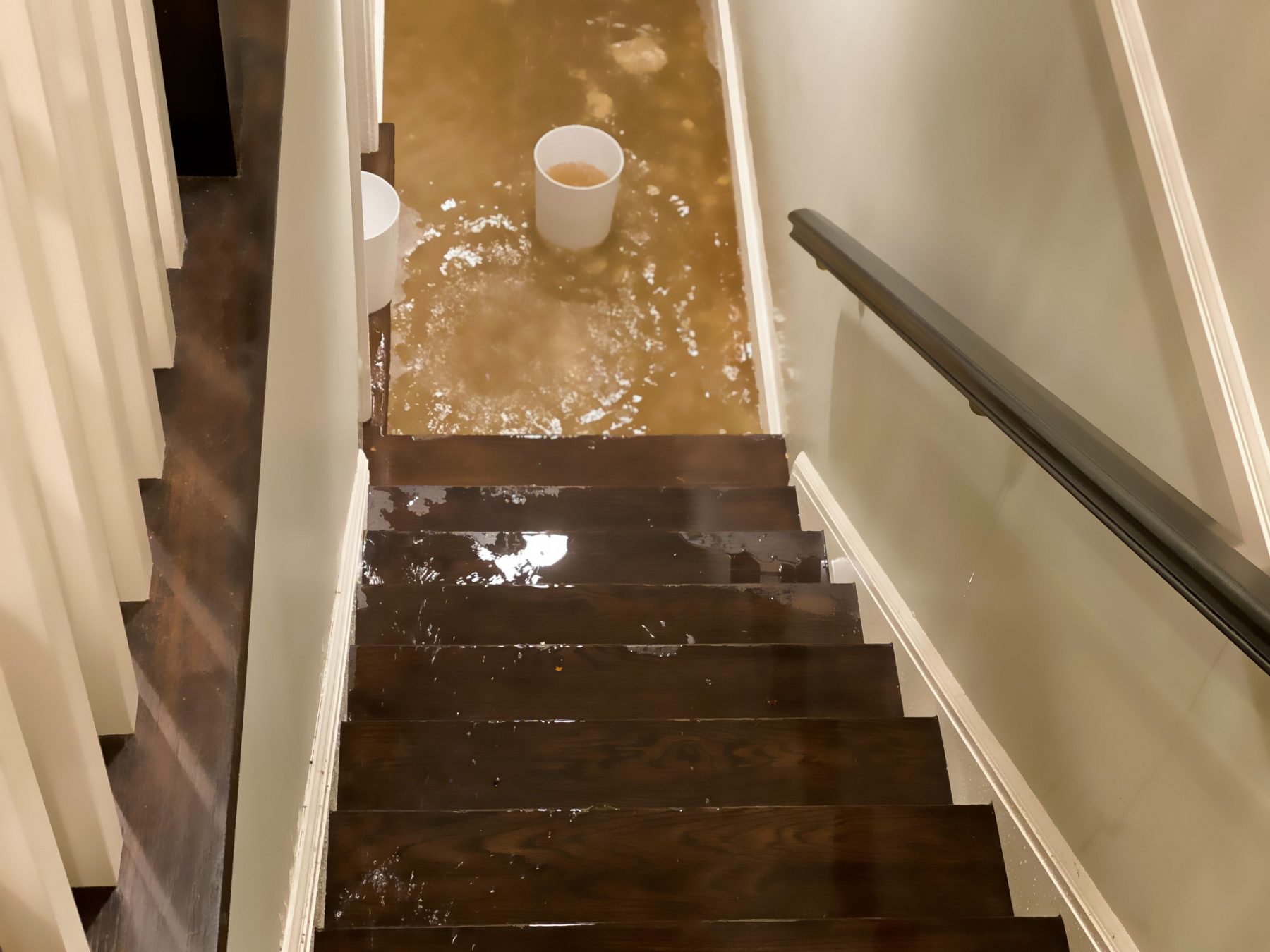 Water builds up on the bottom floor of a home causing water damage.